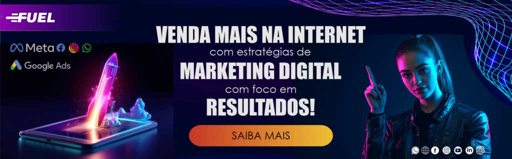 Banner com um foguete saindo de um celular e uma mulher ao lado apontando para a frase marketing digital