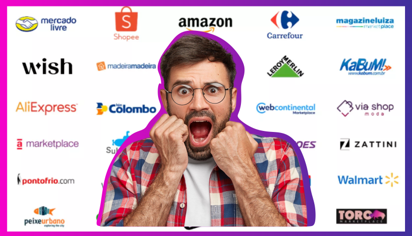 Homem ao centro com logotipo de ferramentas de marketplaces por tras