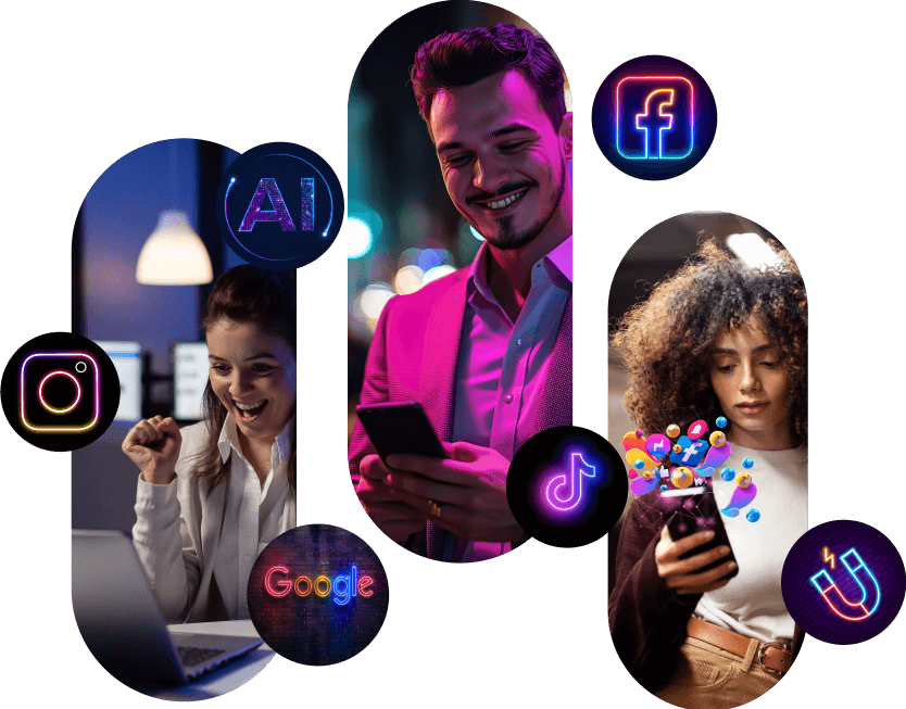pessoas olhando para o celular e icones das redes sociais rodeando